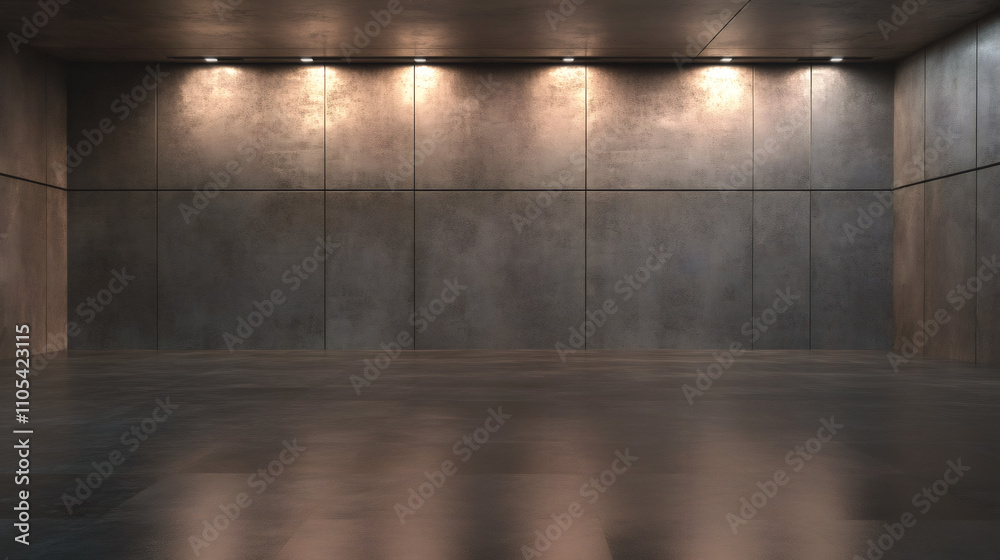 Poster Illuminated spotlights casting a modern and dramatic ambiance in a spacious empty room with concrete walls and floor