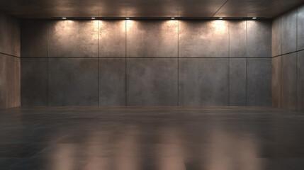 Illuminated spotlights casting a modern and dramatic ambiance in a spacious empty room with concrete walls and floor