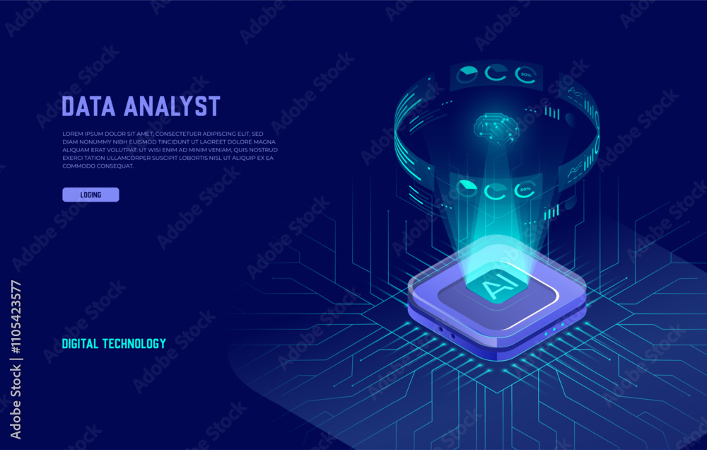 Wall mural artificial intelligence, isometric vector landing page for ai, deep learning, machine learning, and 