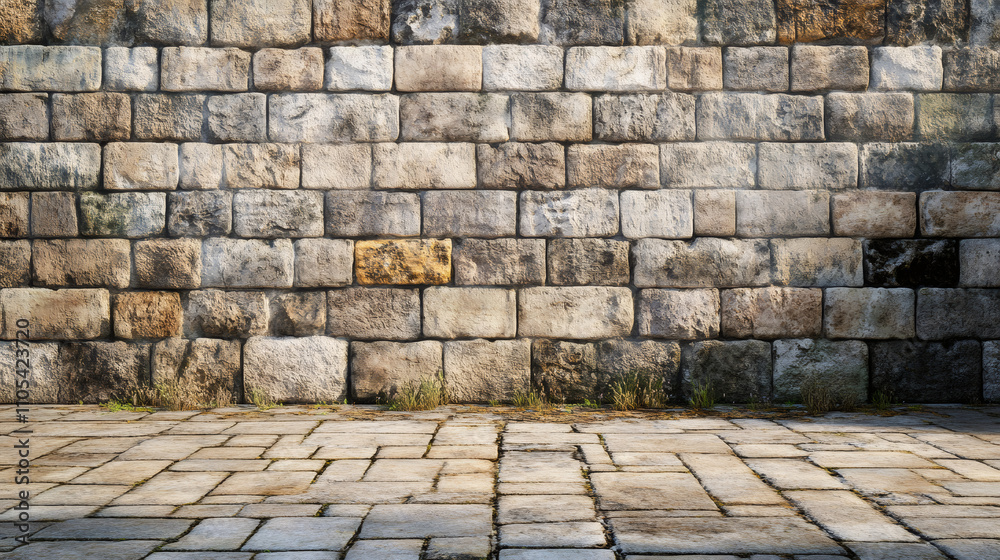 Poster empty urban background with an old stone wall and cobblestone street, ideal for displaying products 