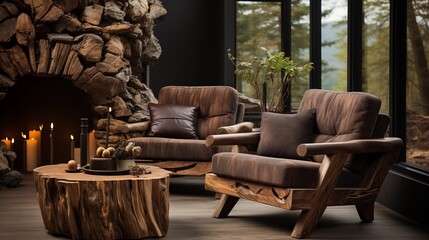 Modern rustic interior with a unique hand-crafted armchair and wooden stump table. Perfect for a cozy and natural living space.