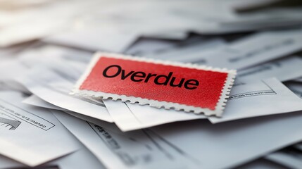 Obraz premium Red Overdue Stamp on Pile of Paper Documents Highlighting Deadline