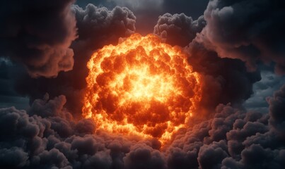 Cinematic nuclear blast captured mid-detonation with a fiery, glowing core and ash clouds spiraling into the upper atmosphere 