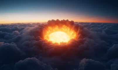 Cinematic nuclear blast captured mid-detonation with a fiery, glowing core and ash clouds spiraling into the upper atmosphere 
