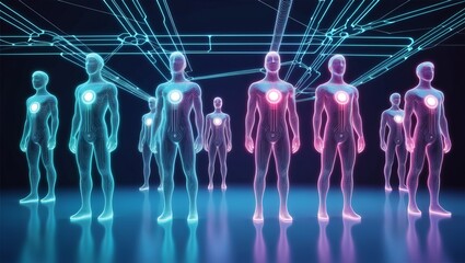 Glowing figures stand connected, illuminated in shades of blue and pink.