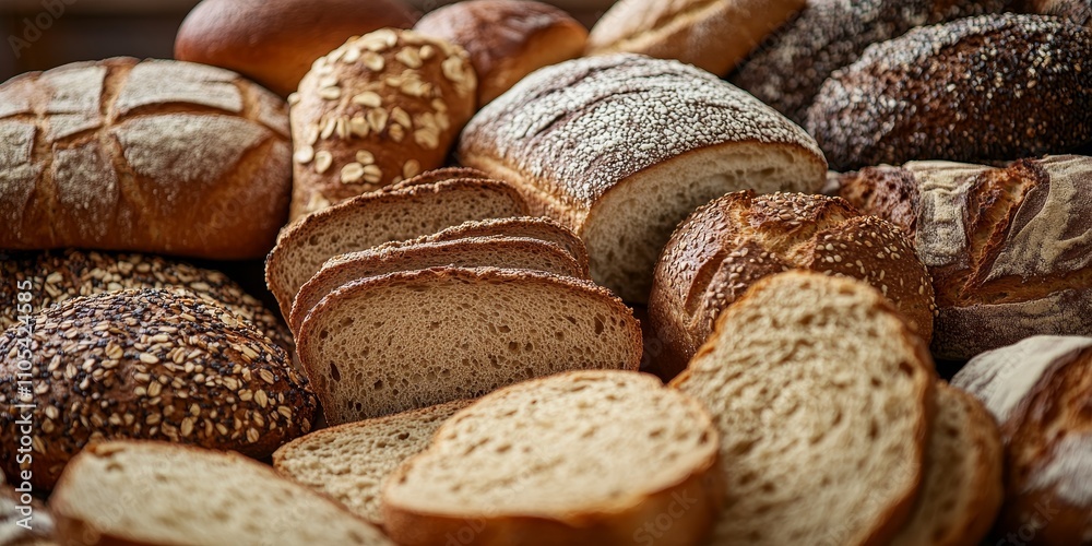 Poster an abundant selection of fresh bread and slices showcased in a closeup view, highlighting the textur