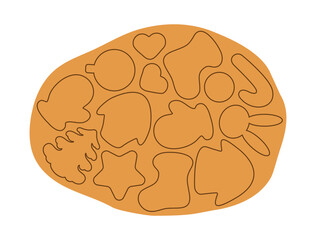 Set of holiday cookies on rolled out layer of raw baking dough. Vector blank cookies of various shapes, Christmas tree, sock, mitten, star, New Year's ball, hare, houses, heart. Isolated drawi