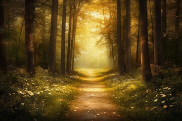 Fototapeta premium Serene Forest Pathway in Autumn. An AI-generated image of a peaceful forest pathway surrounded by tall pine trees, bathed in golden sunlight. 