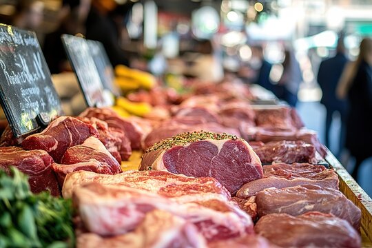 Fresh meat on display at market with price tags