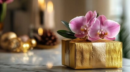 Fototapeta premium A luxury gold gift box with an orchid bloom on top, sitting on a marble table with elegant props in the background.