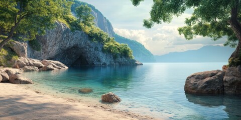 Fototapeta premium A serene cove offers tranquility and beauty, ideal for relaxation. This secluded cove captures the essence of natural calmness, making it a perfect spot for unwinding and enjoying nature s simplicity.