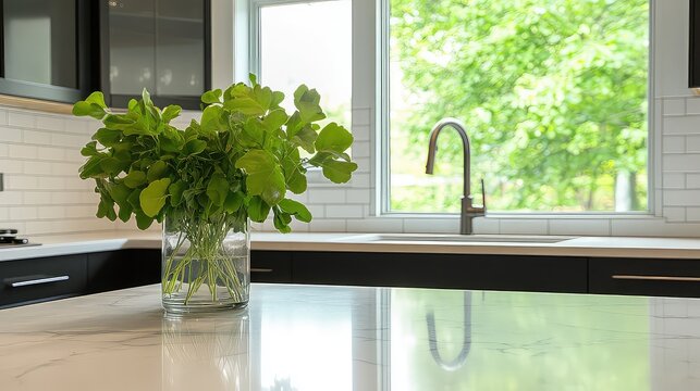 Modern Minimalist Kitchen Design. An AI-generated image of a stylish minimalist kitchen with white marble countertops, black cabinets, and a large window that brings in natural light. 