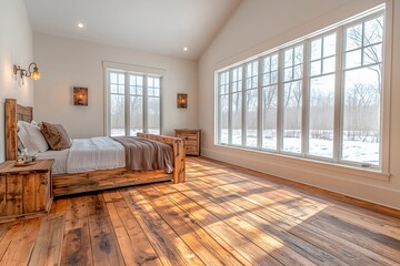 Stylish warm bedroom with large windows and natural light