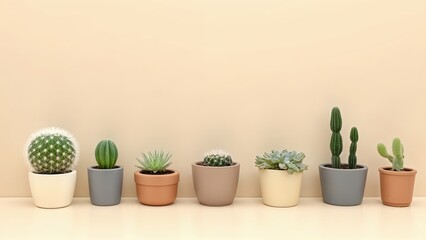 Obraz premium Generative AI, Minimalist Arrangement of Potted Cacti and Succulents in Soft Lighting