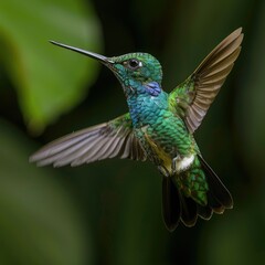 Fototapeta premium Green Violet ear hummingbird in flight in Costa Rica