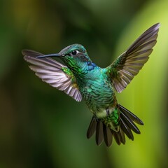 Obraz premium Green Violet ear hummingbird in flight in Costa Rica