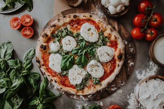 Italian pizza with fresh basil, mozzarella, and tomatoes on a wooden board. 