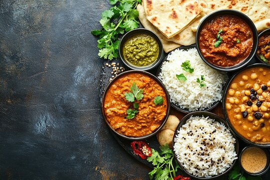 Indian thali with a variety of dishes including dal, curry, rice, and naan. 