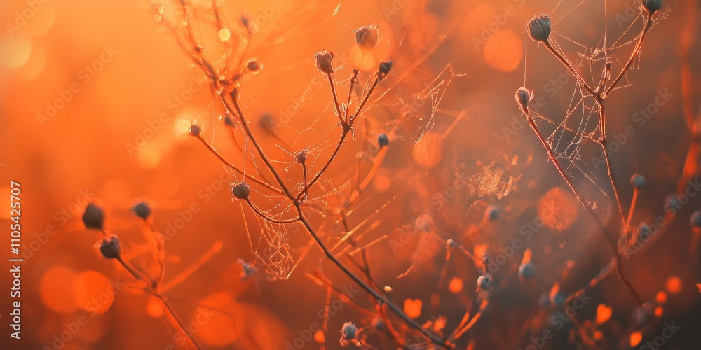 Poster abstract autumn background featuring orange dry plants at sunrise, adorned with delicate webs. this 