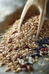 Obraz premium Closeup view of whole grains, beans. Healthy food ingredients like various grains, beans. Nutritional composition. Focus on health benefits, food science. Food textures. Digestive health. Whole grain