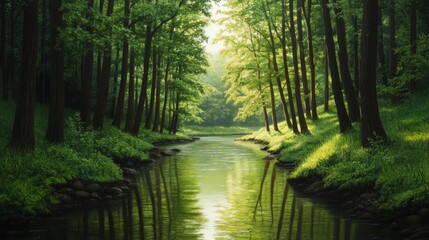 Obraz premium Forest creek scene, warm sunlight, green, brown, gold, serene atmosphere 