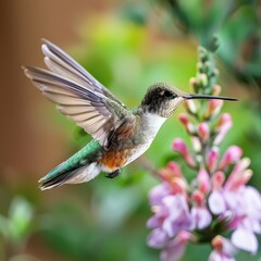 Fototapeta premium Hummingbird flying around a beautiful flower over blurred background