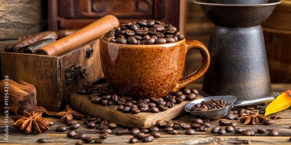 Poster Roasted coffee beans and star anise are displayed in a mug along with a scoop and coffee grinder, creating an inviting scene for coffee enthusiasts. Perfect for showcasing roasted coffee beans.