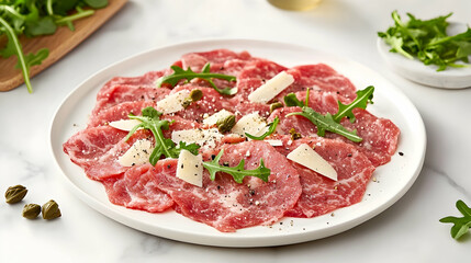 Traditional Beef Carpaccio with Truffle Oil and Aged Parmesan, Italian Appetizer Photography