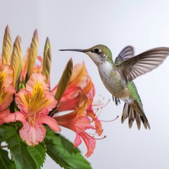 Fototapeta premium Hummingbird and flower in flight on white background.