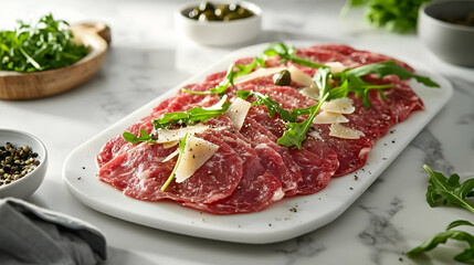 Traditional Beef Carpaccio with Truffle Oil and Aged Parmesan, Italian Appetizer Photography