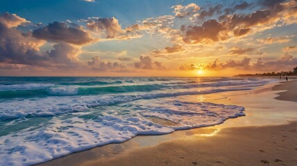 Stunning Ocean Sunset  Waves Crashing on Sandy Beach