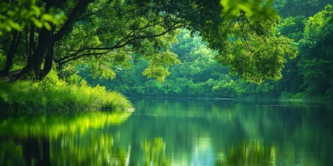 Natural scenery showcasing a vibrant green view, highlighting the beauty of nature with its lush greenery and tranquil atmosphere. This image reflects a serene natural landscape rich in green.
