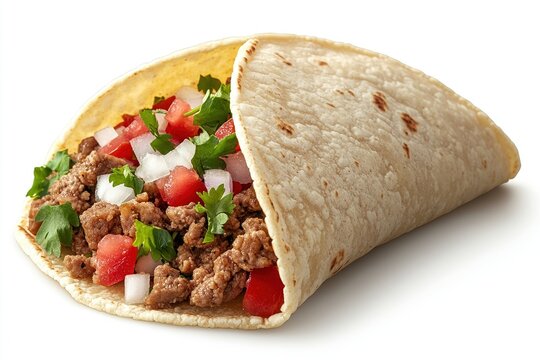 A Mexican taco with seasoned meat, cilantro, and diced onions on a white background. 