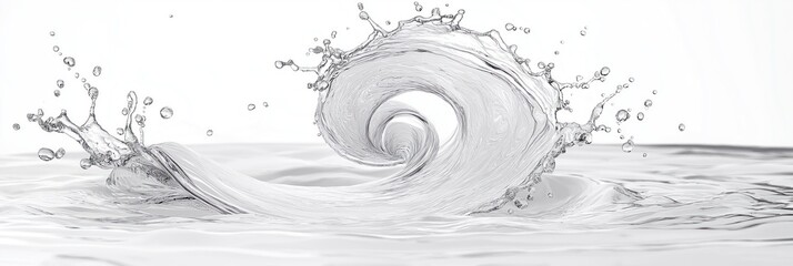 Clear water splash creates spiral swirl in white background. Abstract design dynamic liquid motion. Modern graphic element suitable for clean design. Image suitable for branding purposes. Elegant