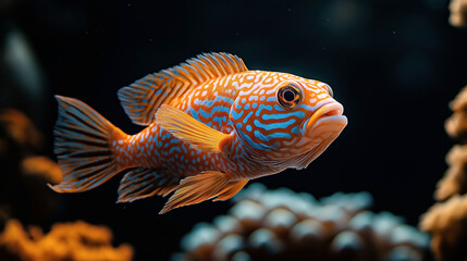 Fototapeta premium Close-up of a colorful tropical fish with vibrant orange and blue patterns swimming in a coral reef environment, set against a dark background.
