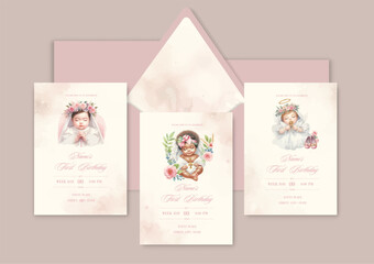 First birthday watercolor Invitation Template card with newborn baby, dark skinned child.