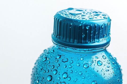 A bright blue sports drink bottle with condensation on a white background. 