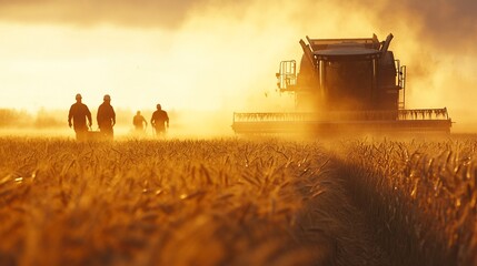 Fototapeta premium Silhouetted farmers walking in a golden wheat field during harvest, a combine harvester in the background.