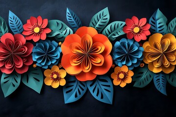 Hispanic heritage month background with mexican paper flags straw hat and flowers