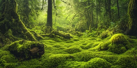 Ancient forest scene featuring a lush moss covered ground, captured in HDR. This primeval forest showcases the enchanting beauty of nature with its vibrant greenery and tranquil ambiance.