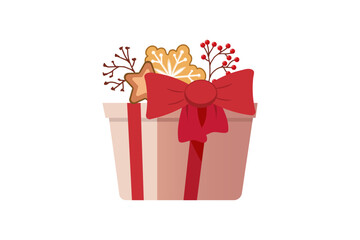Christmas gift box with cookies, red bow, and berries illustration