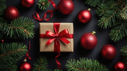 A top-down view of festive Christmas decorations featuring a wrapped gift, pine branches, red ornaments, on a dark background creating a cheerful holiday atmosphere, 8k Resolution