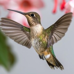 Fototapeta premium Ruby throated Hummingbird hovering looking at the viewer; isolated on white