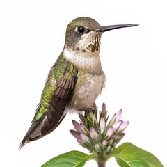 Fototapeta premium Juvenile male Ruby throated hummingbird resting on flower stem.