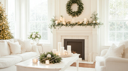 cozy living room with vintage fireplace, decorated for holidays