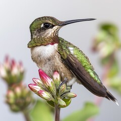 Obraz premium Juvenile male Ruby throated hummingbird resting on flower stem.