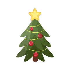 Decorated Christmas tree with star topper and red ornaments illustration