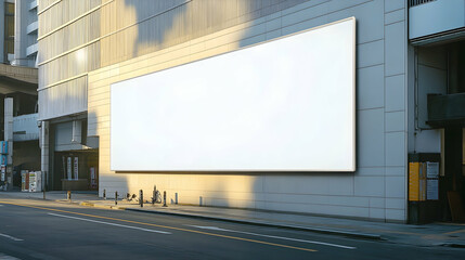 Obraz premium Blank Billboard on Urban Building Exterior at Sunrise, Mockup for Advertisement Design