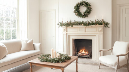 Fototapeta premium cozy living room featuring vintage fireplace, decorated with greenery and candles