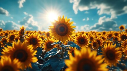Vivid sunflower field beneath a clear blue sky with ample copy space, ideal for nature-themed and uplifting visuals